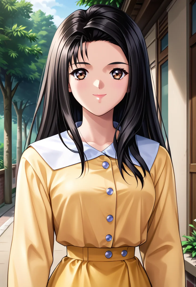 score_9, score_8_up, score_7_up, BREAK N4saki, 1girl, long hair, black hair, outdoors,long sleeves, light smile, brown eyes, upper body, looking at viewer, closed mouth, buttons, yellow shirt,yellow skirt, <lora:Masakiorig:1>