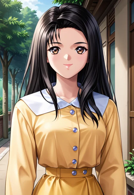 score_9, score_8_up, score_7_up, BREAK N4saki, 1girl, long hair, black hair, outdoors,long sleeves, light smile, brown eyes, upper body, looking at viewer, closed mouth, buttons, yellow shirt,yellow skirt, <lora:Masakiorig:1>