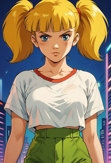 score_9, score_8_up, score_7_up, score_6_up, score_5_up, score_4_up, source_manga, rating_questionable, 1girl, penny \(inspector gadget\), human, cyberpunk, punk, breasts, undercut, blonde hair, pigtails, blue eyes,
shirt, stripe, green pants, cowboy shot, night, neon, vaporwave, retro artstyle, tv still, halftone effect, knva,
