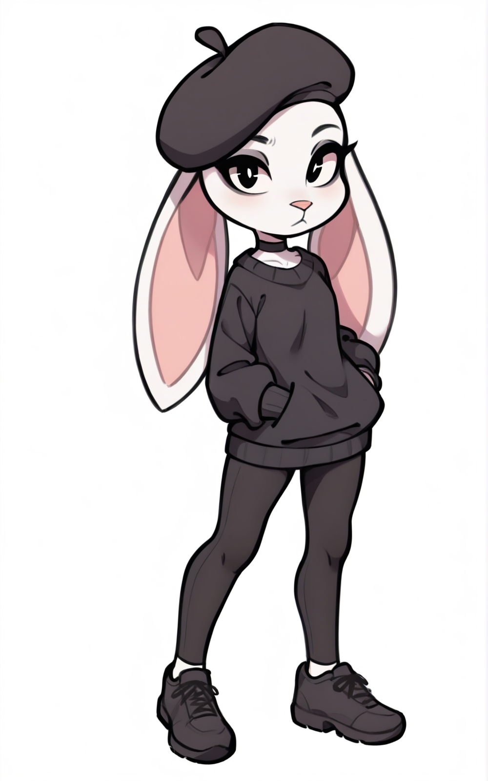 best quality, absurdres,full body, <lora:BolivanteStyleITS:0.8>, <lora:LPITS:0.8>, LPITS, black eyes,rabbit girl,white fur, white skin,animal nose, furry, furry female,animal ears,bunny ears,black headwear,choker,leggings , black leggings,beret,sweater, white background ,standing, slim, black footwear,looking at viewer