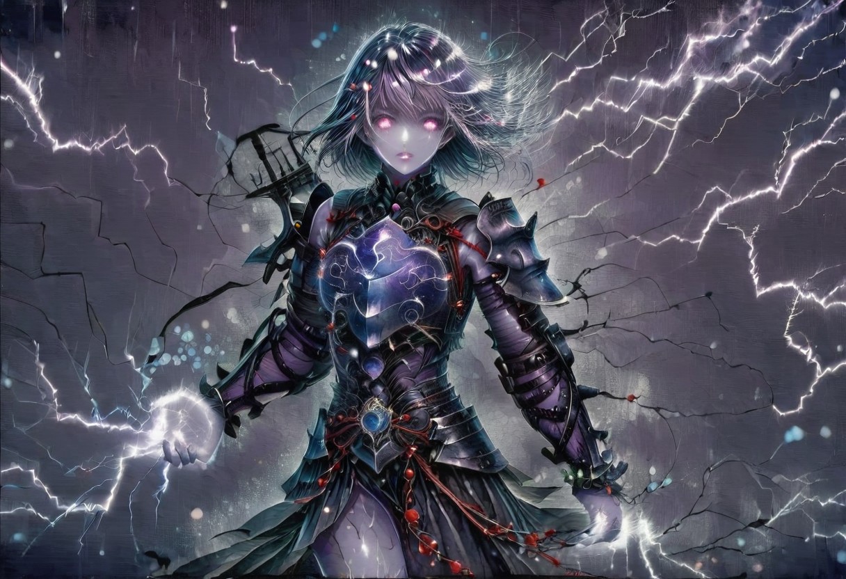 (Masterpiece:1.3), (best quality:1.2), (detailed background:1.1), (intricate details:1.1), (detailed background:1.2), 1girl, solo focus, standing, perfect anatomy, 
bleakfaith,
source_anime, night sky, dark cloud background, sky background, lightning on background, only purple lightning, purple lightning, dark purple theme,
BREAK
watercolor, chinese,traditional,
BREAK
(purple hair:1.2),(pale skin:1.3), (purple skin:1.5),1girl,solo, mysterious, vivid color, shiny, (short purple hair), bob cut hair, purple eyes,glowing purple pupils,
laugh arrogantly,
BREAK
armor(dark suit,armor, animal chest plate), lightning, dark purple lightning on armor, chinese style, 
spraks in hand,
BREAK
looking at the viewer, front view, full view,
best quality, ultra-detailed, absurdres, detail face, best quality, hires textures, high detail, (4k),incredibly detailed
NegativeDynamics,