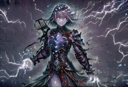 (Masterpiece:1.3), (best quality:1.2), (detailed background:1.1), (intricate details:1.1), (detailed background:1.2), 1girl, solo focus, standing, perfect anatomy,
bleakfaith,
source_anime, night sky, dark cloud background, sky background, lightning on background, only purple lightning, purple lightning, dark purple theme,
BREAK
watercolor, chinese,traditional,
BREAK
(purple hair:1.2),(pale skin:1.3), (purple skin:1.5),1girl,solo, mysterious, vivid color, shiny, (short purple hair), bob cut hair, purple eyes,glowing purple pupils,
laugh arrogantly,
BREAK
armor(dark suit,armor, animal chest plate), lightning, dark purple lightning on armor, chinese style,
spraks in hand,
BREAK
looking at the viewer, front view, full view,
best quality, ultra-detailed, absurdres, detail face, best quality, hires textures, high detail, (4k),incredibly detailed
NegativeDynamics,