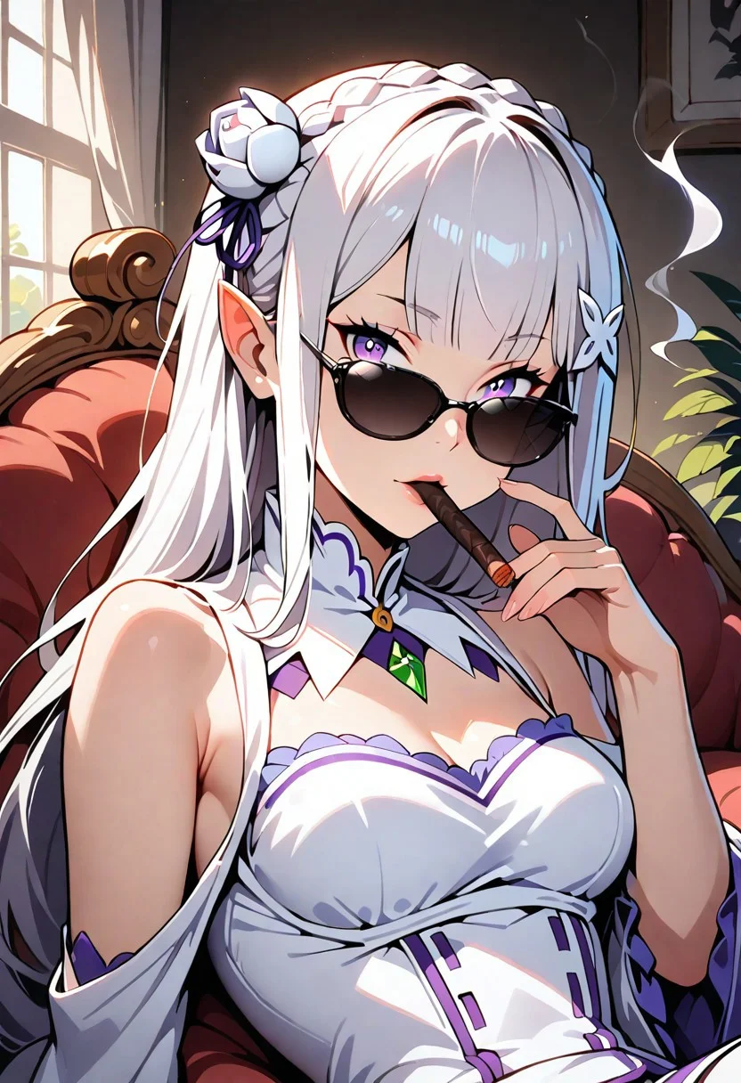 1girl, solo, emilia \(re:zero\), hair ornament, bare shoulders, upper body, looking at viewer, smoking cigar, looking over eyewear, sunglasses, chaise longue, indoors, sidelighting, dark, masterpiece, best quality, very aesthetic, absurdres, re:zero kara hajimeru isekai seikatsu