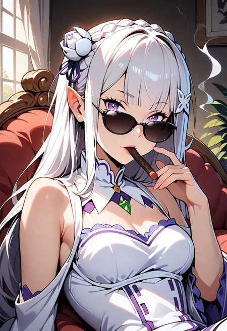 1girl, solo, emilia \(re:zero\), hair ornament, bare shoulders, upper body, looking at viewer, smoking cigar, looking over eyewear, sunglasses, chaise longue, indoors, sidelighting, dark, masterpiece, best quality, very aesthetic, absurdres, re:zero kara hajimeru isekai seikatsu