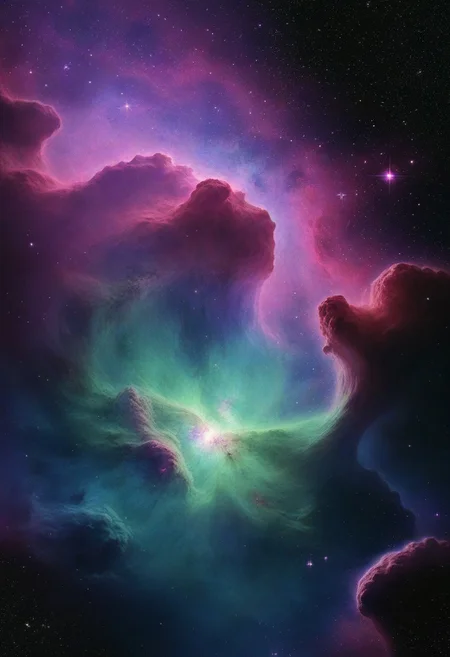 Stunning nebula in space, dynamic colors, purple and green, stars in background, hyper realistic