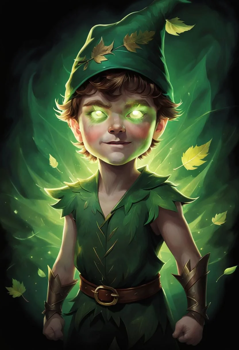 (masterpiece),
laser eyes portrait of Peter Pan, young boy, child, little boy, full body, green hat, leaf costume, intense laser eyes, bright eyes,
fight pose, looking smug, green glowing eyes,
black background,