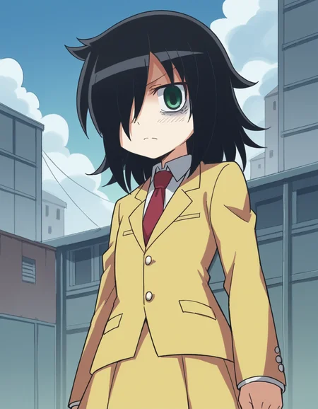 score_9, score_8_up, score_7_up, source_anime, <lora:tomoko-kuroki-s1-ponyxl-lora-nochekaiser:1>, tomoko kuroki, long hair, black hair, green eyes, hair over one eye, bags under eyes,, skirt, school uniform, necktie, blazer,, military base, soldiers, secure, buildings, training, , v,, looking at viewer, solo,, dutch angle, cowboy shot