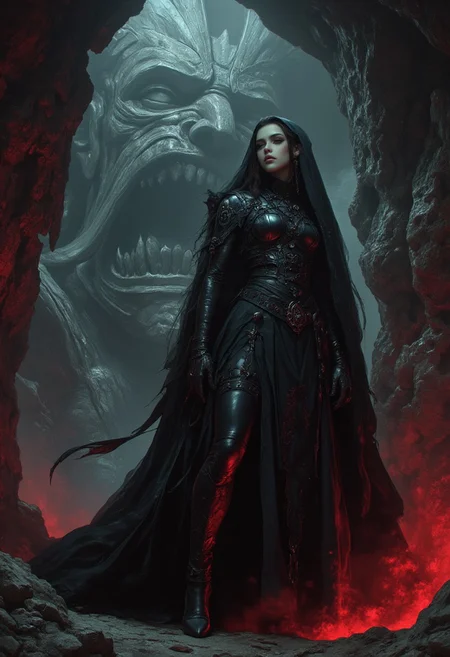 A closeup of a striking goth woman who stands at the edge of a vast underground cavern, her figure draped in tattered black velvet, flowing crimson silk, and intricately adorned dark leather. The fabric clings to her form as a fierce gust of wind sweeps through the shadowy expanse, casting chaotic, flickering shadows across the rough, weathered stone walls. Around her, ancient, crumbling statues of forgotten deities loom, their faces worn smooth by time, their forms half-hidden in a sea of dark, mist-shrouded stalactites.
The cavern is illuminated by shafts of eerie, blood-red light piercing the oppressive darkness, casting an ethereal glow on the jagged terrain and creating an interplay of shadows and highlights that evoke both awe and dread. The air is thick with mystique, and every detail of the scene suggests a place steeped in forgotten power and ancient secrets. The woman’s expression is enigmatic, her presence commanding as though she is the keeper of this lost realm.
The environment blends hyperrealism with dark romanticism, with textures rendered in painstaking detail—weathered stone, tattered fabric, and the faint sheen of damp walls all feel tangible. The scene channels the dark fantasy of Gerald Brom, the dreamlike landscapes of Moebius, and the biomechanical surrealism of H.R. Giger. It feels plucked from a high-concept art book, with intricate depth and artistry that transport the viewer to a world both haunting and beautiful.