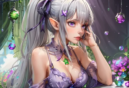 score_9,score_8_up,score_7_up,score_6_up,score_5_up,score_4_up,<lora:Anime_Style_For_Pony:0.9>,source_anime,perfect eyes,<lora:Emilia_ReZero_pony:0.9>,emilia_rezero_pony,1girl,bare shoulders,cleavage,elf,gem,green gemstone,grey hair,hair ribbon,long hair,medium breasts,nightgown,pointy ears,ponytail,purple eyes,purple nightgown,solo,white hair,