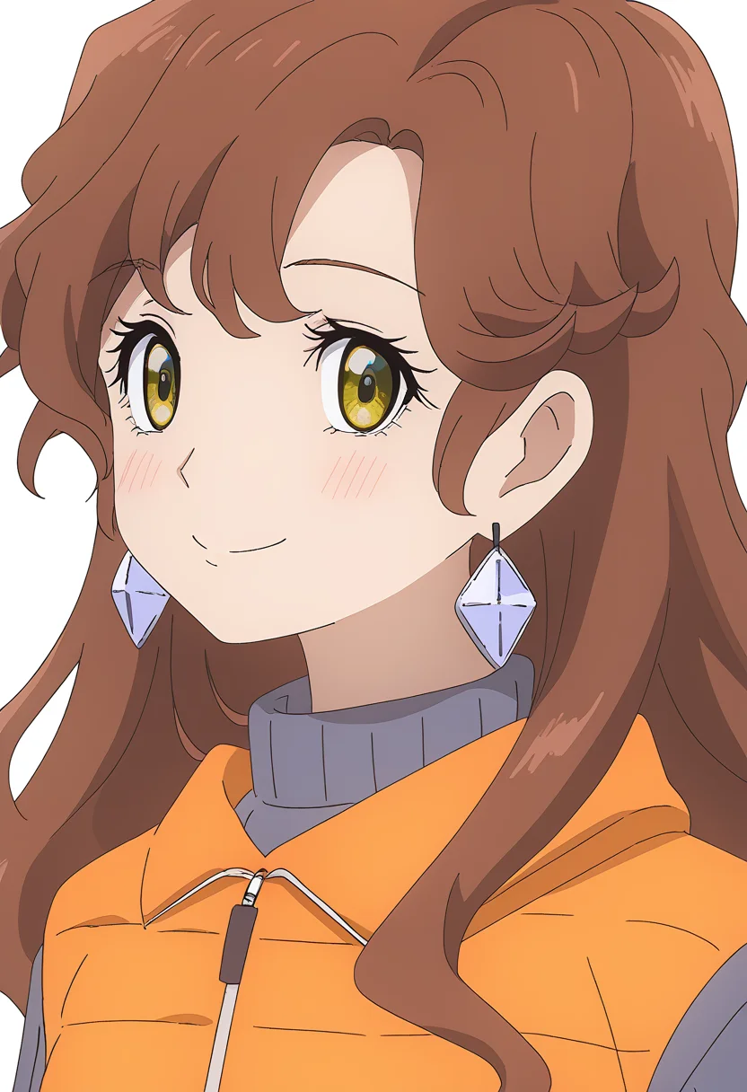 <lora:Takamine Hitomi-000020:1>,
Takamine Hitomi,ribbed sweater,1girl,solo,earrings,brown hair,smile,looking at viewer,long hair,turtleneck,orange vest,yellow eyes,transparent background,simple background,closed mouth,portrait,turtleneck sweater,white background,upper body,straight-on,wavy hair,blush
