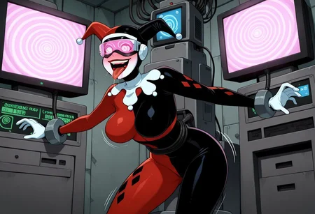 IllusP0s, ((parody), perfect anatomy, perfect eyes), BREAK h4rl3yqu1nn, spiral_eyes, glowing_eyes, red lipstick, full-face blush, ((looking at spirals in visor)), white facepaint, jester cap, jester bodysuit, domino mask, white gloves, BREAK machine, restrained, bound, stationary restraints, femsub, bimbofication, gameplay_mechanics, see-through visor, cables, monitors, computers, hypnotic_screen, pink spirals on screens, mantra, happy_trance, control_indicator, progress_indicator, motion lines, breast_expansion, lip_expansion, open mouth, big smile, tongue out, drooling, tech_control, corruption