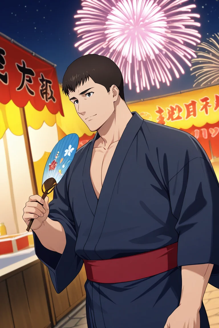 score_9, score_8_up, score_7_up, score_6_up, perfect anatomy, perfect proportions, best quality, masterpiece, high_resolution, high quality, best aesthetic, incredibly absurdres, highres, extremely detailed, huge filesize, solo male, adult, mature, masculine, manly, handsome, charming, alluring, standing, upper body, dutch angle, cowboy shot, perfect face, source_anime \(Brave Bang Bravern\), anime coloring \(Brave Bang Bravern\),  BBBSatake, Ryuji Satake \(Brave Bang Bravern\), black hair, short hair, black eyes, japanese clothes, black yukata, red obi sash, holding hand fan, japanese hand fan, outdoor, night, festival, fireworks