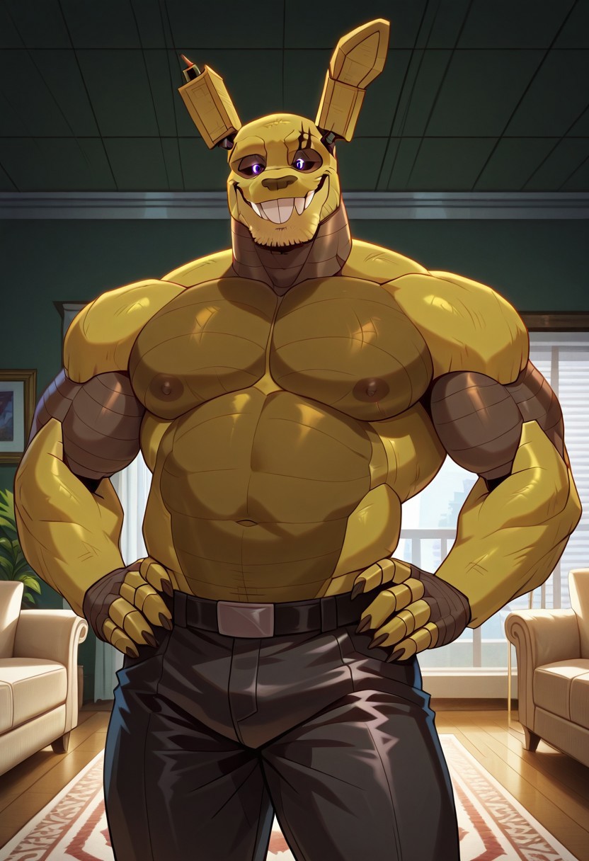 score_9_up, score_8_up, score_7_up, high quality, detailed, male, solo male, SpringtrapKJ, 1boy, mature male, anthro, rabbit, animatronic, robot, olive yellow body, claws, animal ears, black sclera, purple eyes, muscular male, buff, looking at viewer, smiling, indoors, living room, standing, half-body, bust shot, nipples, belly, muscle gut, black pants, hands on hips, stubble