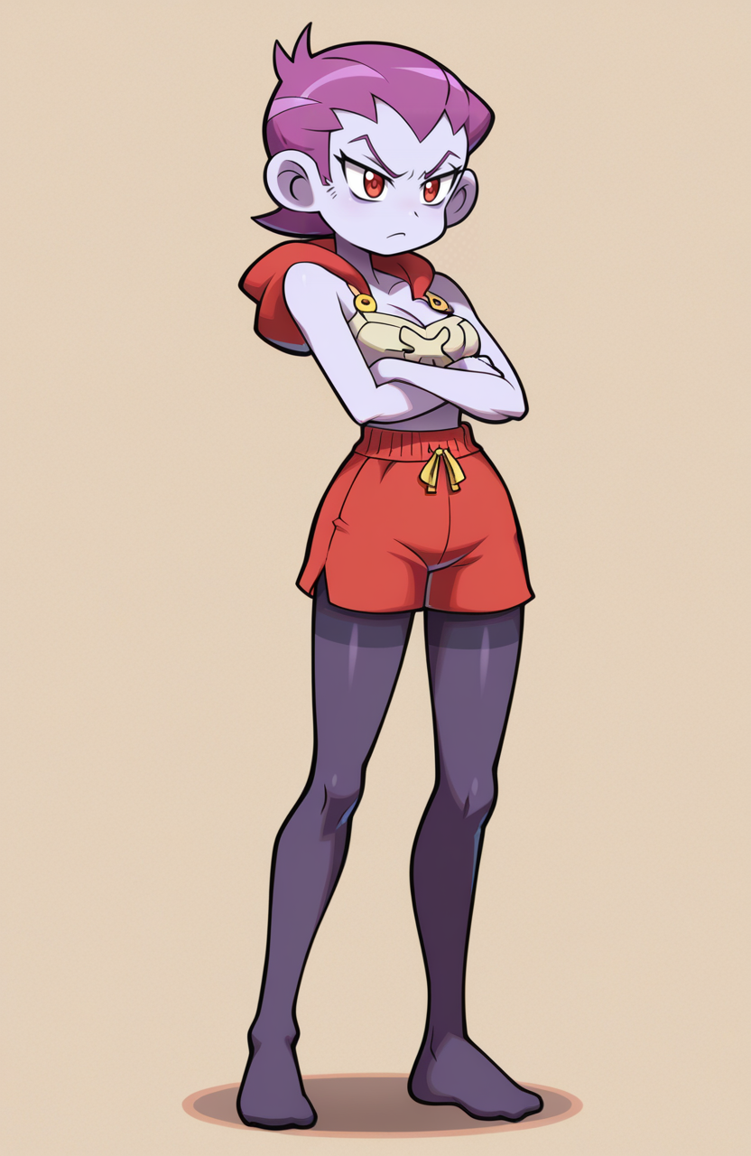 1girl, solo,  <lora:PiratesCurse:1> prtcrs,
risky boots, purple skin, purple hair, very short hair, hair slicked back, red eyes, yellow aran hoodie, spaghetti straps , hood down, red boxing shorts, black thighband pantyhose, no shoes,
standing, arms loosely crossed, straight posture, impassive look, minimal emotion, extremely detailed, highres, masterpiece, best quality