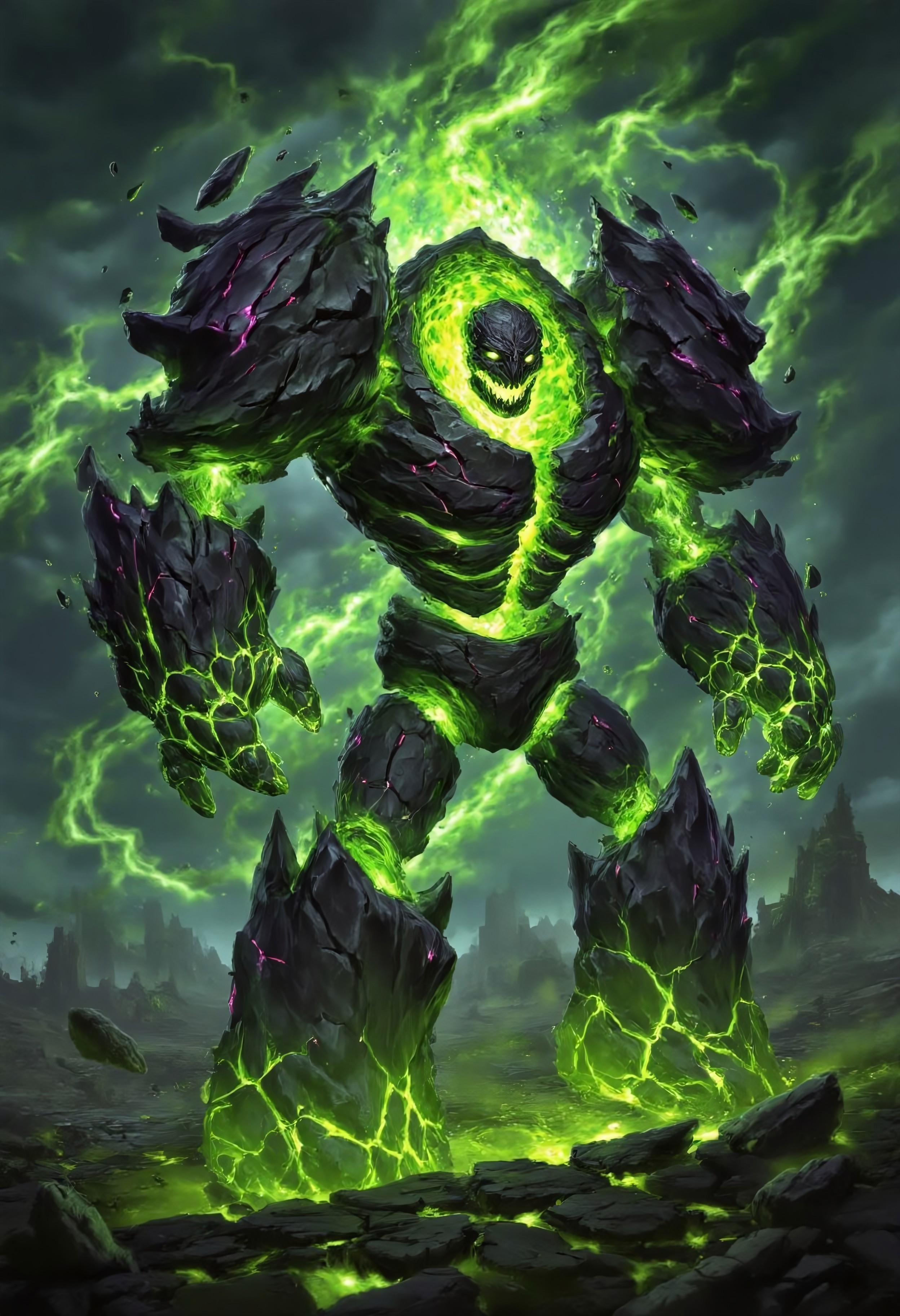 Create an epic, hyper-realistic depiction of an Infernal from Warcraft, its massive, jagged body made of dark, molten rock glowing with intense cracks of fel energy. The Infernal is completely engulfed in roaring, chaotic fel flames—vivid green and purple fire swirling around its form, illuminating the dark, apocalyptic battlefield. Its eyes and mouth blaze with an otherworldly glow, and its fists are raised, ready to unleash destruction. The ground beneath it is scorched and cracking, with molten lava seeping through. The background is a stormy, fiery sky filled with swirling fel magic and lightning, creating a sense of overwhelming power and chaos. The scene is dark, dramatic, and awe-inspiring, capturing the raw, terrifying energy of the Infernal