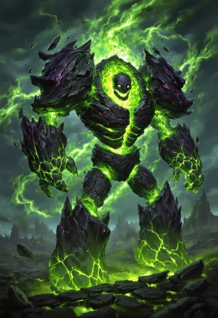 Create an epic, hyper-realistic depiction of an Infernal from Warcraft, its massive, jagged body made of dark, molten rock glowing with intense cracks of fel energy. The Infernal is completely engulfed in roaring, chaotic fel flames—vivid green and purple fire swirling around its form, illuminating the dark, apocalyptic battlefield. Its eyes and mouth blaze with an otherworldly glow, and its fists are raised, ready to unleash destruction. The ground beneath it is scorched and cracking, with molten lava seeping through. The background is a stormy, fiery sky filled with swirling fel magic and lightning, creating a sense of overwhelming power and chaos. The scene is dark, dramatic, and awe-inspiring, capturing the raw, terrifying energy of the Infernal