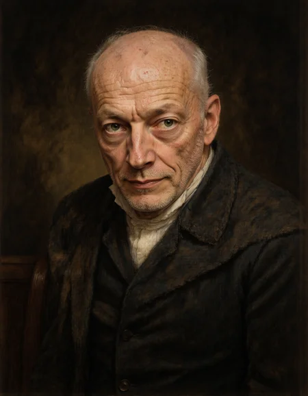 Rembrandt style <lora:Dark_Ghibli:0.6>, masterpiece portrait of old man, <lora:4oCaricature_early:0.6>, mid body, portrait, <lora:DAVID_GILMOUR:1> . Baroque, chiaroscuro, realistic, emotional, "flat lighting