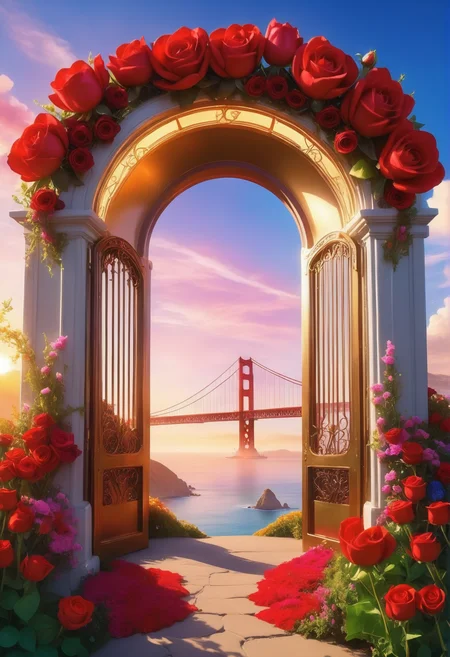 sunrise shines,landscape of a reij-ebsu gate,retro sci fi steampunk, fire <lora:ebony sunset-000001:1>, empty place, the gate surrounded by flowers is made of pam-flwr <lora:SDXL_FLOWER_STYLE:0.9>, a reij-mg outdoor room, neon light <lora:reij-moderngothic:0.8>, Portrait, beautiful, landscape of an attractive (Berkely Men,ion:1.3) from inside of The Golden Gate Bridge, Bathed in shadows, Romantic, triadic colors, beauty, perfect background, perfect composition, stunning, fantastic aesthetic, very inspirational