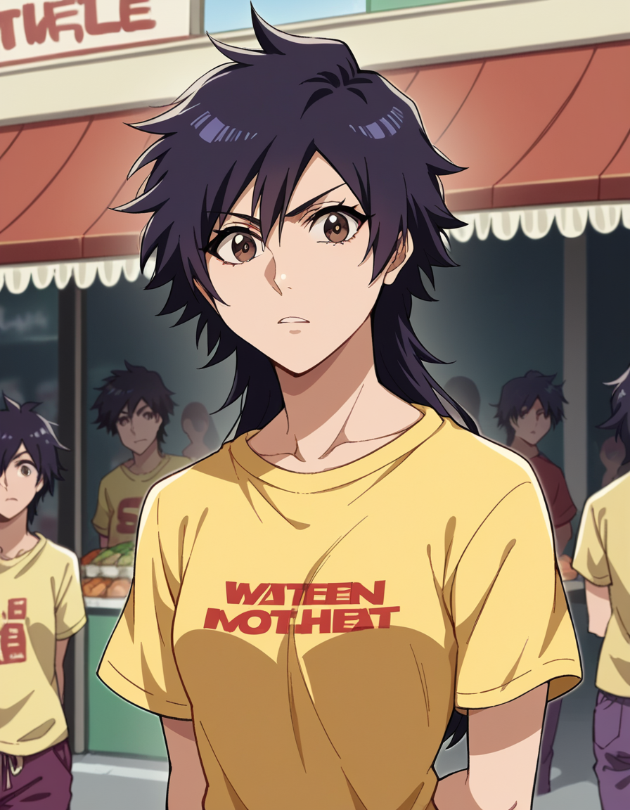 score_9, score_8_up, score_7_up, source_anime, <lora:tatsuki-arisawa-anime-ponyxl-lora-nochekaiser:1>, tatsuki, short hair, black hair, long hair, brown eyes,, t-shirt, shirt, yellow shirt, short sleeves, pants, purple pants,, street market, vendor, street food, bustling crowd, local flavor, vibrant, , looking at viewer, arm behind back, knee bent, foot pointed, solo,, cowboy shot, dutch angle