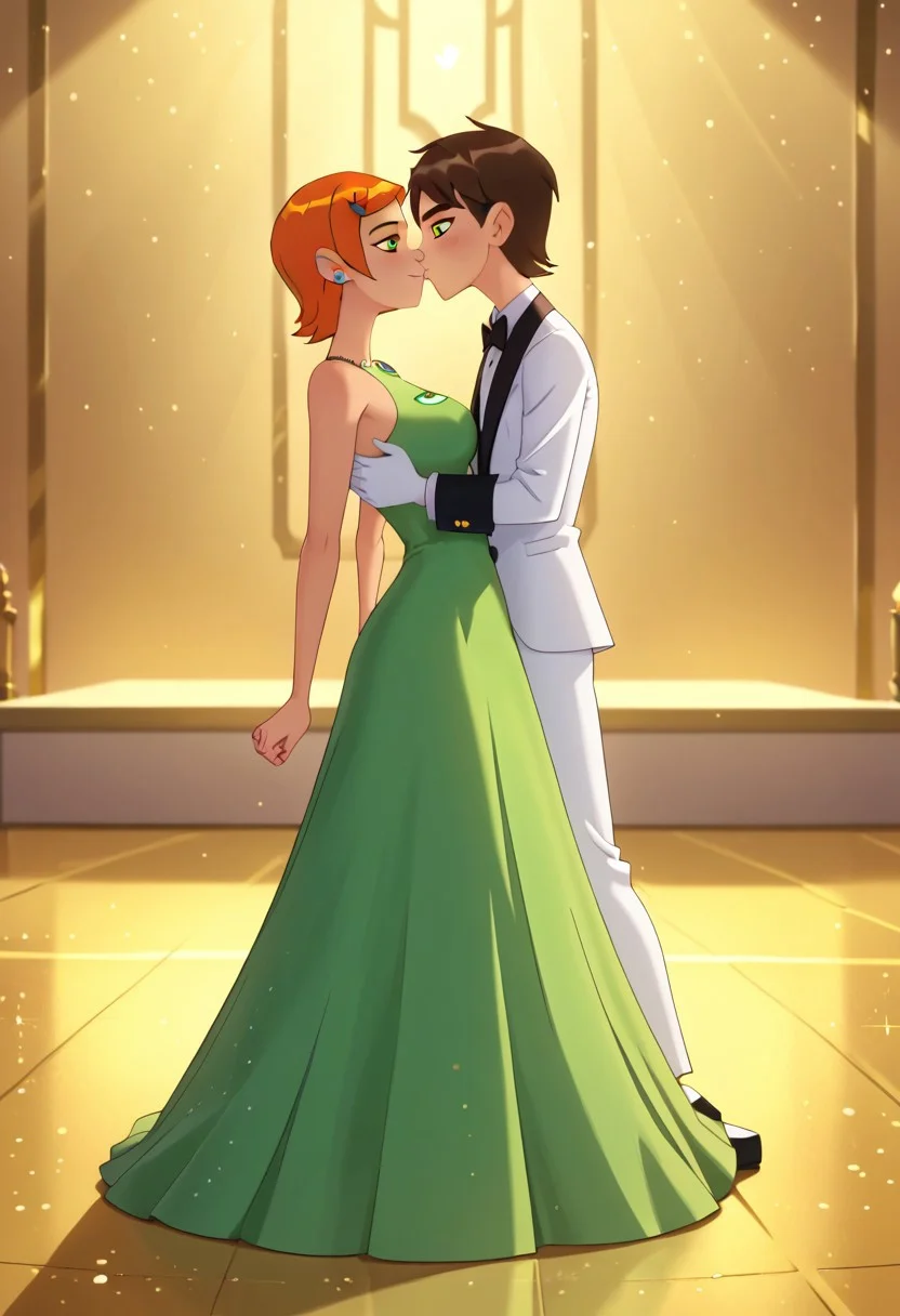 score_9, score_8_up, score_7_up,
1 girl, 1 boy, couple, ( gwen tennyson, age 20, short orange hair, large breasts, thin hips, thin thighs, slender, beautiful, sexy, smiling, green eyes, wearing a emerald green dress, tight dress, gloves, wedding style, ( GOLD embroidering accents on bodice) black beading on the skirt, gem beading, ) and (ben tennyson, brown hair, age 20, fit, muscular, wearing a tuxedo),
Dancing on a ballroom floor,kissing