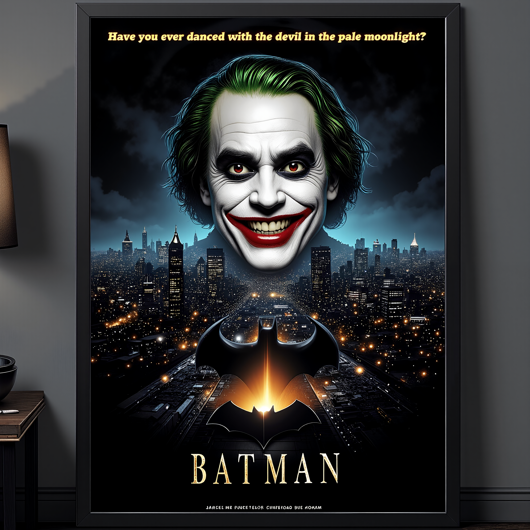 The striking Batman cinema poster showcases Jack Nicholsons menacing Joker grin superimposed over Gotham City at night, with the iconic bat signal shining above and the text: Have you ever danced with the devil in the pale moonlight? BATMAN.