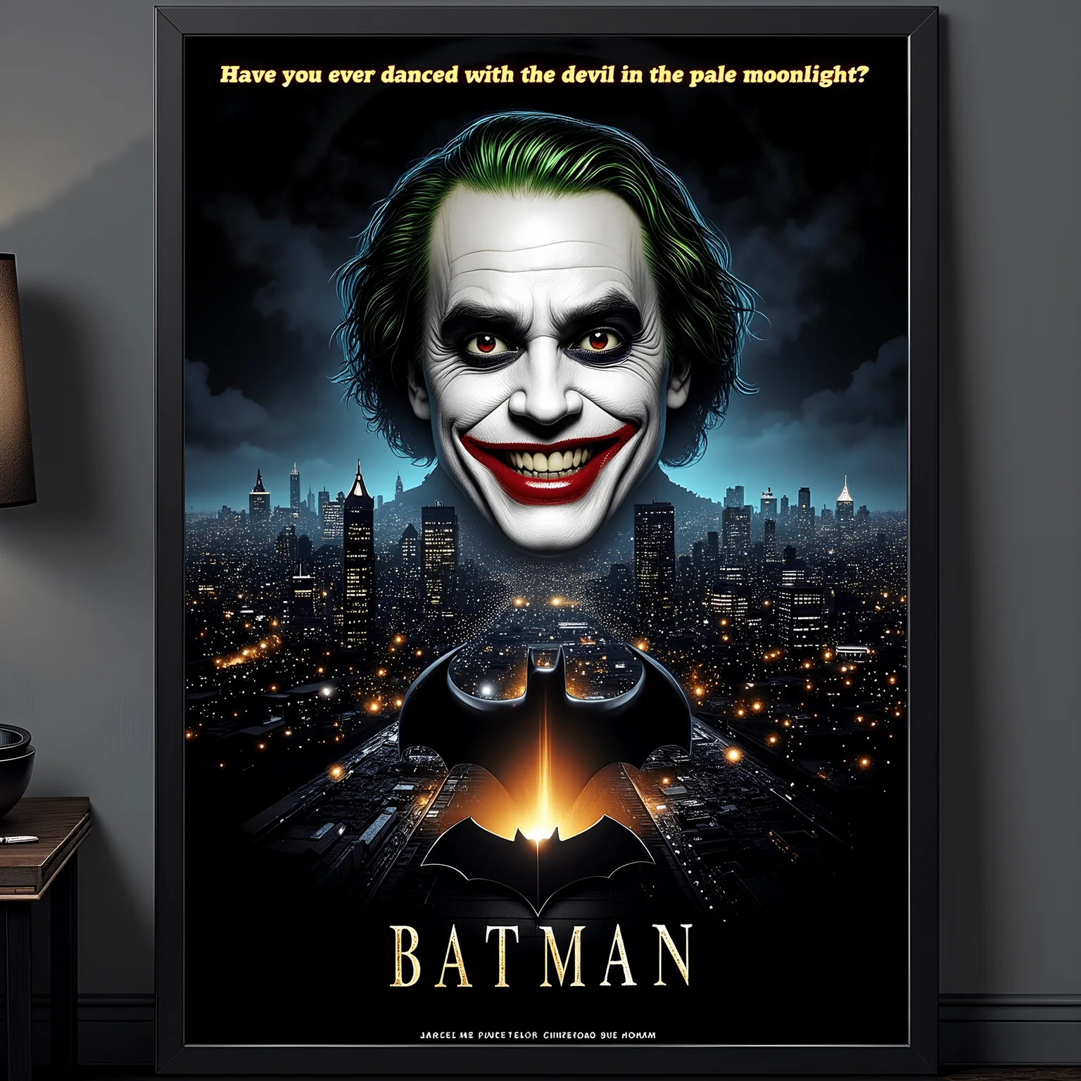 The striking Batman cinema poster showcases Jack Nicholsons menacing Joker grin superimposed over Gotham City at night, with the iconic bat signal shining above and the text: Have you ever danced with the devil in the pale moonlight? BATMAN.