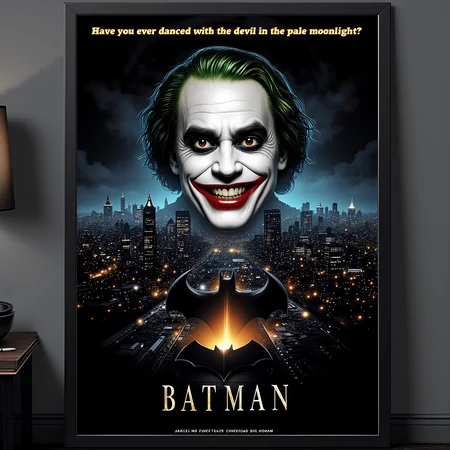 The striking Batman cinema poster showcases Jack Nicholsons menacing Joker grin superimposed over Gotham City at night, with the iconic bat signal shining above and the text: Have you ever danced with the devil in the pale moonlight? BATMAN.