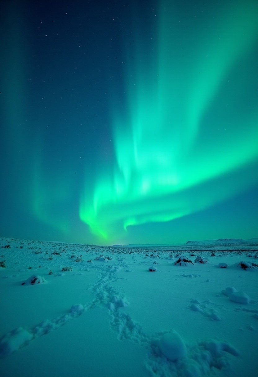 A breathtaking view of the Northern Lights shimmering over a snowy Icelandic landscape,