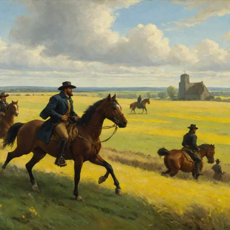 Oil painting, day, green-yellow field of wild grass, side view, 2 persons. In the distance in the center are two men on brown horses. The men are dressed in yoloms and coats with sabers on their sides. The second man has a musket hanging from his back. Further in the field there is a mound, and the blue sky is covered in clouds.