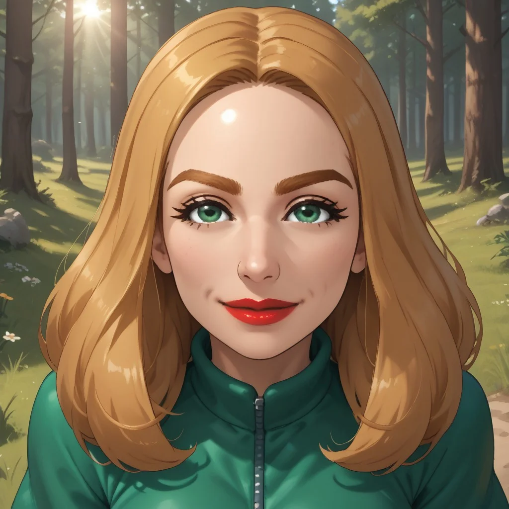 score_9, score_8, BREAK, solo, wii, mii, wii sports, 1girl, female mii, blonde hair, dark blonde eyebrows, green eyes, red lips, lipstick, dark green clothing, white pants, shoes, breasts, nintendo mii, modern_mii, classic_mii, Juliette_(Wii_Sports), cute, sexy pose, self portrait, smile, outdoors, sunlight, shadows, evening lighting, natural lighting, forest, trees, grass, orange sky, sunset