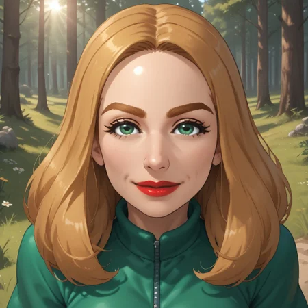 score_9, score_8, BREAK, solo, wii, mii, wii sports, 1girl, female mii, blonde hair, dark blonde eyebrows, green eyes, red lips, lipstick, dark green clothing, white pants, shoes, breasts, nintendo mii, modern_mii, classic_mii, Juliette_(Wii_Sports), cute, sexy pose, self portrait, smile, outdoors, sunlight, shadows, evening lighting, natural lighting, forest, trees, grass, orange sky, sunset