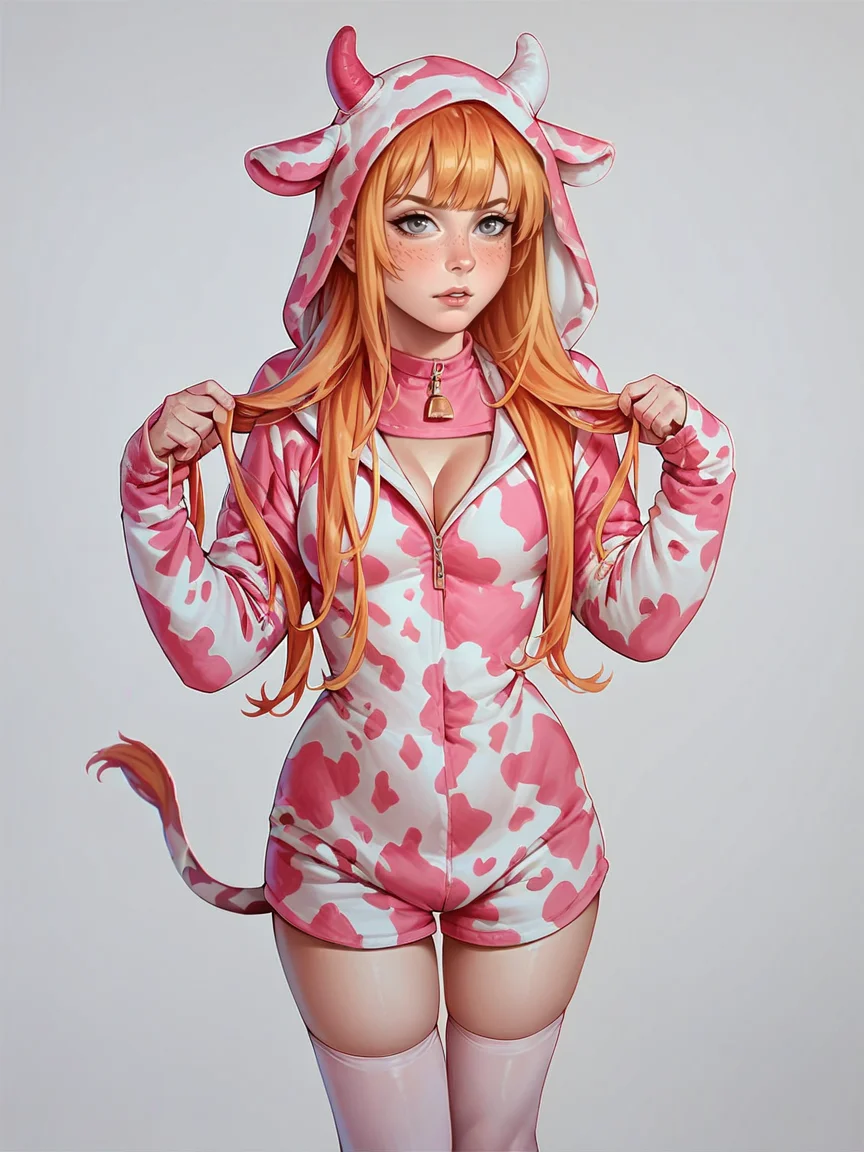 score_9, score_8_up, score_7_up, score_6_up, score_5_up, score_4_up, 1girl, p1nkc0w, pink cow print, thighhighs, hood up, onesie, horns, <lora:p1nkc0wXLP2:0.6> long hair, ginger hair, standing