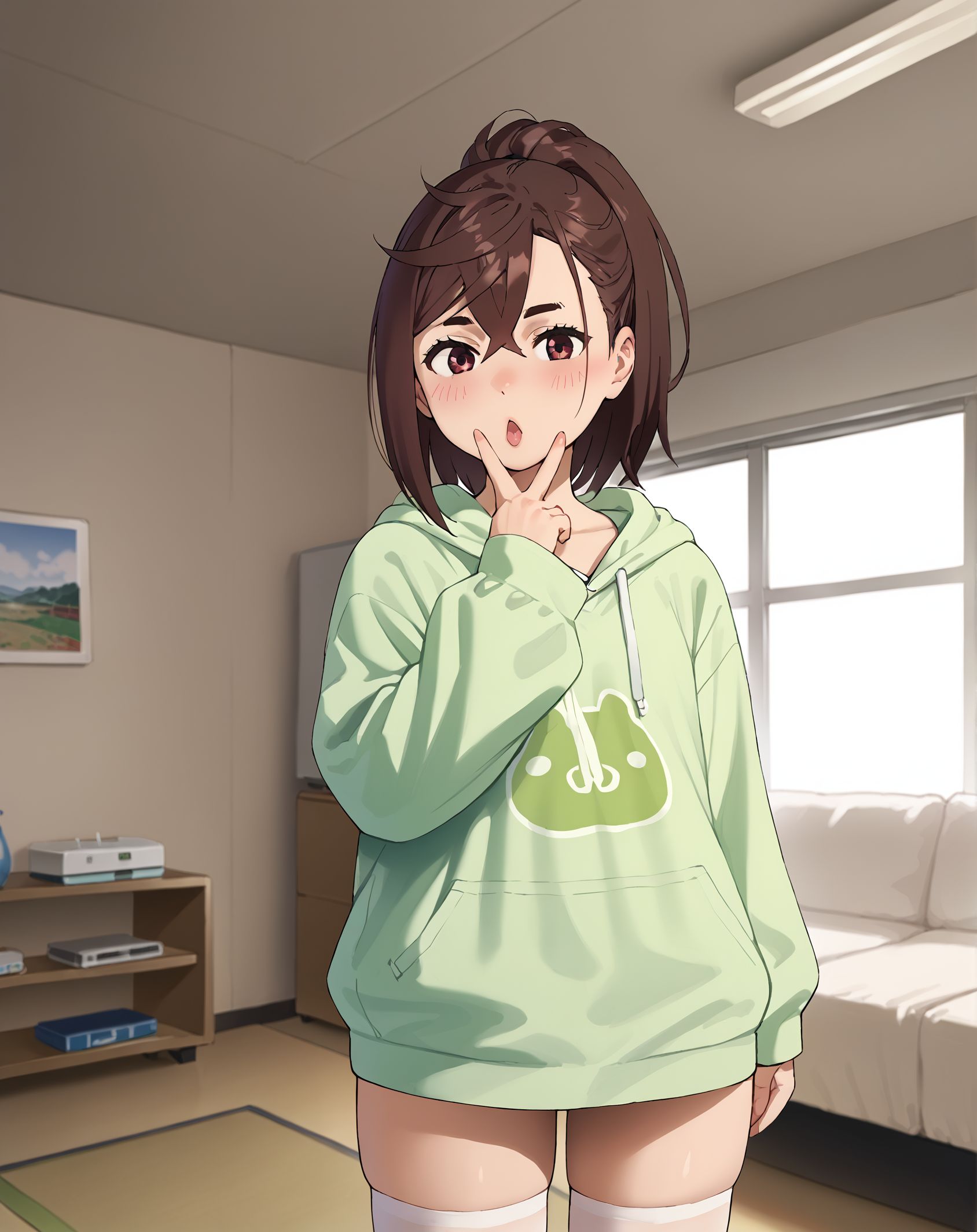 score_9,score_8_up,score_7_up,masterpiece, best quality, <lora:WHM 0.2v:0.5>, WHM, 2D,anime,  
<lora:CunnilingusGesture_PDXL:1.5>, (cunnilingus gesture:1.5),v, (tongue out:1.2), tongue,  blush,saliva trail,looking at viewer, ((open mouth)), parted lips, pink lips,sexy mouth,
standing, 
pink ponytail holder, 
indoors, japan house, (black choker), 
animal print clothes, 
BREAK
<lora:momo_ayase_dandadan:0.7>, ayase_momo,brown hair, brown eyes, medium hair, thick eyebrows,  parted bangs, ponytail, hoodie, (green oversized clothes), print clothes, blush,  crossed bangs,  white thighhighs,
  living room,storage room,