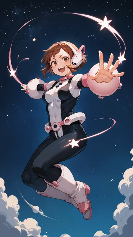 score_9,score_8_up,score_7_up,score_6_up, source_anime, zPDXL3, <lora:xl_more_art-full_v1:0.5>, girl, dynamic pose, finger gun, <lora:Ochaco Uraraka (Uravity) - Pony-000004:0.8>, short hair, brown hair, brown eyes, pink helmet, pink bodysuit, black bodysuit, multicolored bodysuit, skintight, pink armguards, round armguards, pink belt, pink boots, night sky, stars, floating in space, vast emptiness, floating, levitation, suspended, happy,