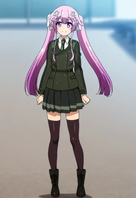 blurred background,
smile,
looking at viewer,
solo,
hundred_-_sakura_kirishima, pink_hair, long_hair, twintails, hair_ornament, hair_flower, purple_eyes, purple_hair, hair_ribbon,
school_uniform, jacket, long_sleeves, black_necktie, skirt, black_thighhighs, boots,
standing,
masterpiece,best quality,good quality,newest,