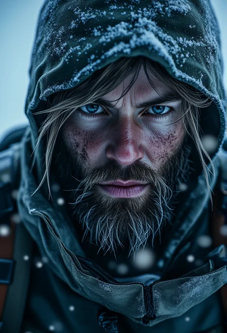 A close-up, three-quarter view of a lone survivor with rugged, chapped lips and piercing eyes, facing slightly to the left, their face etched with frost and determination, snowflakes caught in their beard and hair, under cold, cinematic lighting that emphasizes every detail of their survival gear, with a subtle steam-filled background adding to the scene's intensity .bv-fropunsty<lora:bv-frostpunk-style-v1.safetensors:1.0:1.0>