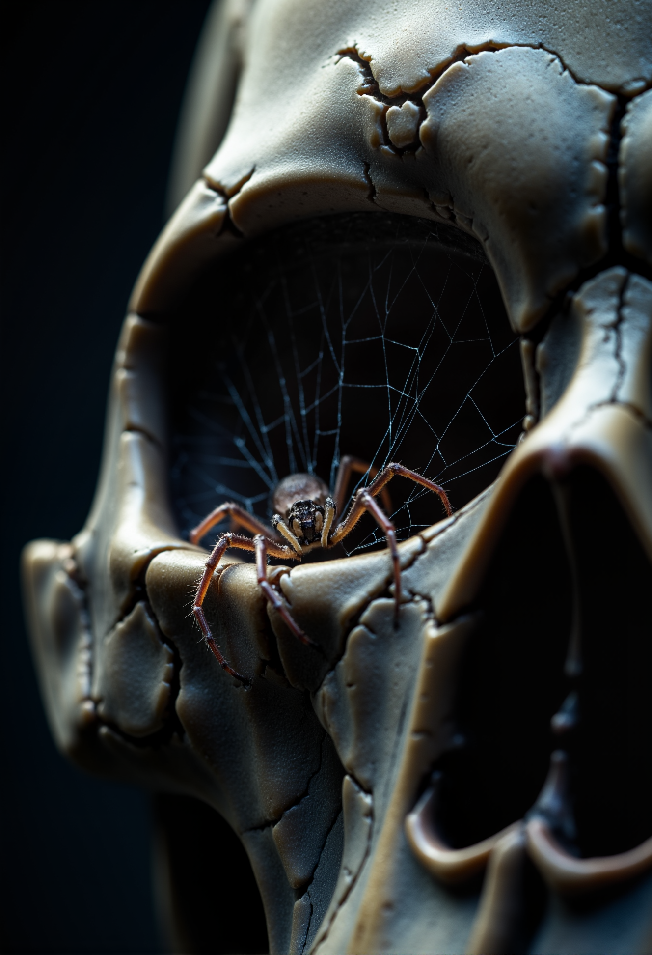 cinematic film still Close-up of a spider that has built its web inside the eye socket of a demonic skull. The skull is cracked and aged, with dark shadows enhancing its eerie, sinister appearance. The spider's delicate web glistens in the dim light, contrasting with the grim, haunting features of the skull. The scene is detailed and atmospheric, highlighting the creepiness of the spider and the macabre nature of its chosen home. <lora:aidmaImageUpgrader-FLUX-V0.1.safetensors:1.0>, detailmaximizer  . shallow depth of field, vignette, highly detailed, high budget, bokeh, cinemascope, moody, epic, gorgeous, film grain, grainy