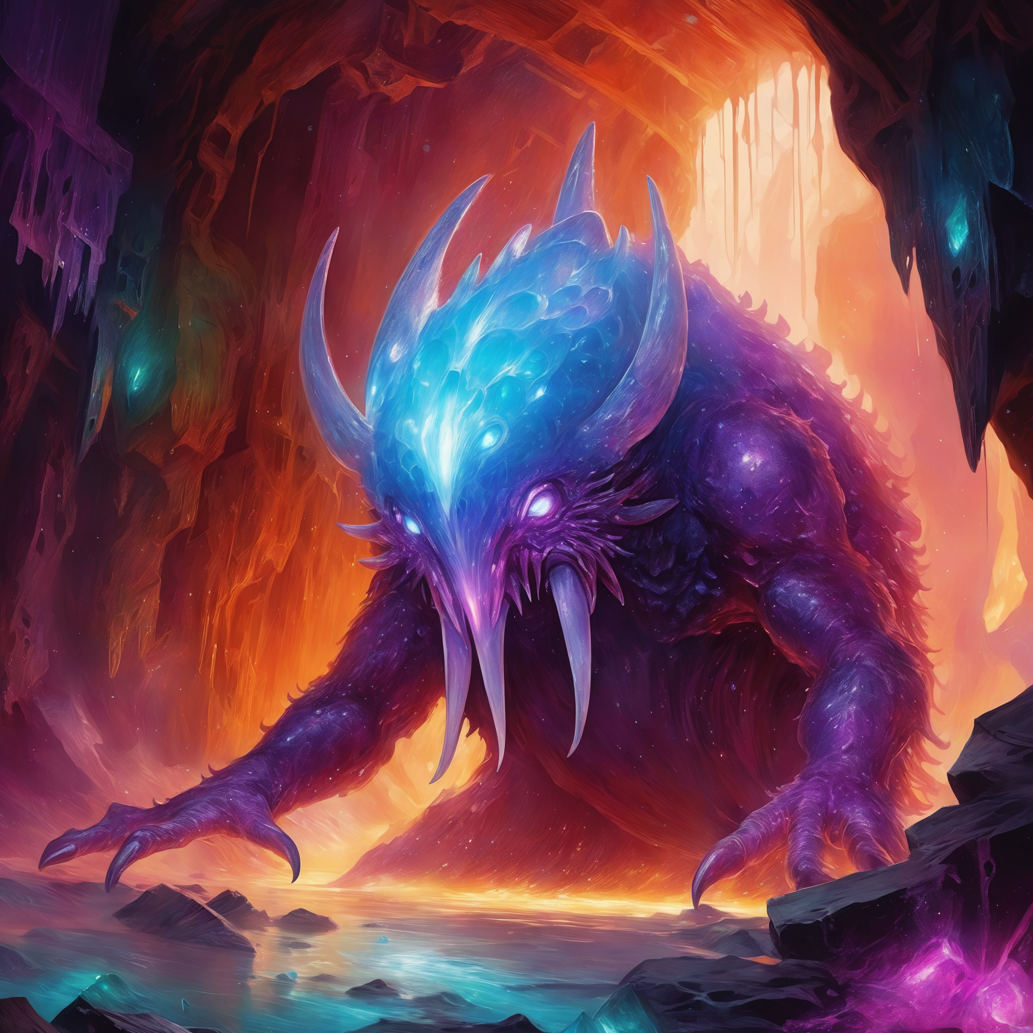 <lora:add-detail-xl:2.0>,  <lora:style-noah_bradley-xl:1.2>, noah bradley style, detailed expressive eyes, fantasy style, deep in the crystalline caverns of planet blunderbunny i roams the silicon-based nadderish shadowy hammerbeast, here it is shown emerging from its tunnel lair in the vibrant, gemstone-studded walls of the underground fizzledyme. this creature is covered in crystalline horgsmuffler arranged in colorful fractal patterns, reflecting the iridescent glow of the bioluminescent fungi around it, one should watch out for its dangerous rimflongled tail