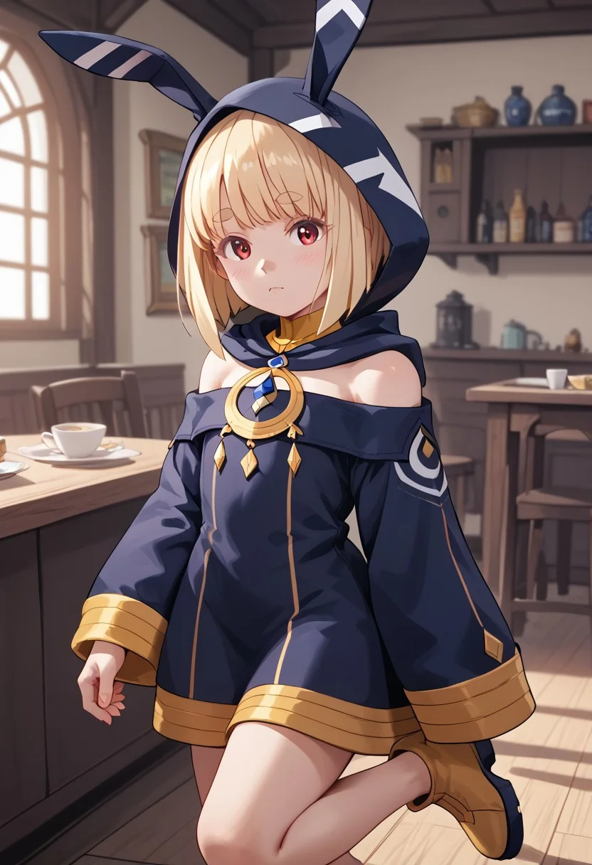 score_4,score_5,score_6,score_7_up,score_8_up,score_9 ((masterpiece,best quality,ultra detailed,highres,HD,4k:1.2)),
1 cute girl,((solo,solo focus)),girl focus,face focus,
blonde hair,bangs,short hair,bob cut,sidelocks,thick eyebrows,red eyes,petite,
long sleeves,bare shoulders,hood up,rabbit hood,animal hood,sleeves past wrists,sleeves past fingers,dress,barefoot,boots,yellow footwear,
indoors,arabian
standing on one leg,looking at viewer,closed mouth,Expressionless,blush,