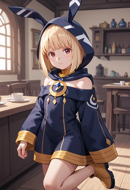 score_4,score_5,score_6,score_7_up,score_8_up,score_9 ((masterpiece,best quality,ultra detailed,highres,HD,4k:1.2)), 
1 cute girl,((solo,solo focus)),girl focus,face focus,
blonde hair,bangs,short hair,bob cut,sidelocks,thick eyebrows,red eyes,petite,
long sleeves,bare shoulders,hood up,rabbit hood,animal hood,sleeves past wrists,sleeves past fingers,dress,barefoot,boots,yellow footwear,
indoors,arabian
standing on one leg,looking at viewer,closed mouth,Expressionless,blush,