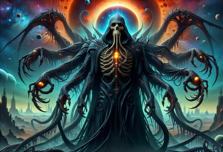 Uhd,oil painting,8k,macabre,horror. Lovecraftian monstrosity,towering over a planet. Glowing eyes, Grim Reaper style, Multiple arms. Tentacle lower body. Humanoid,<lora:Cosmic_HorrorTitan:1>,flux-style