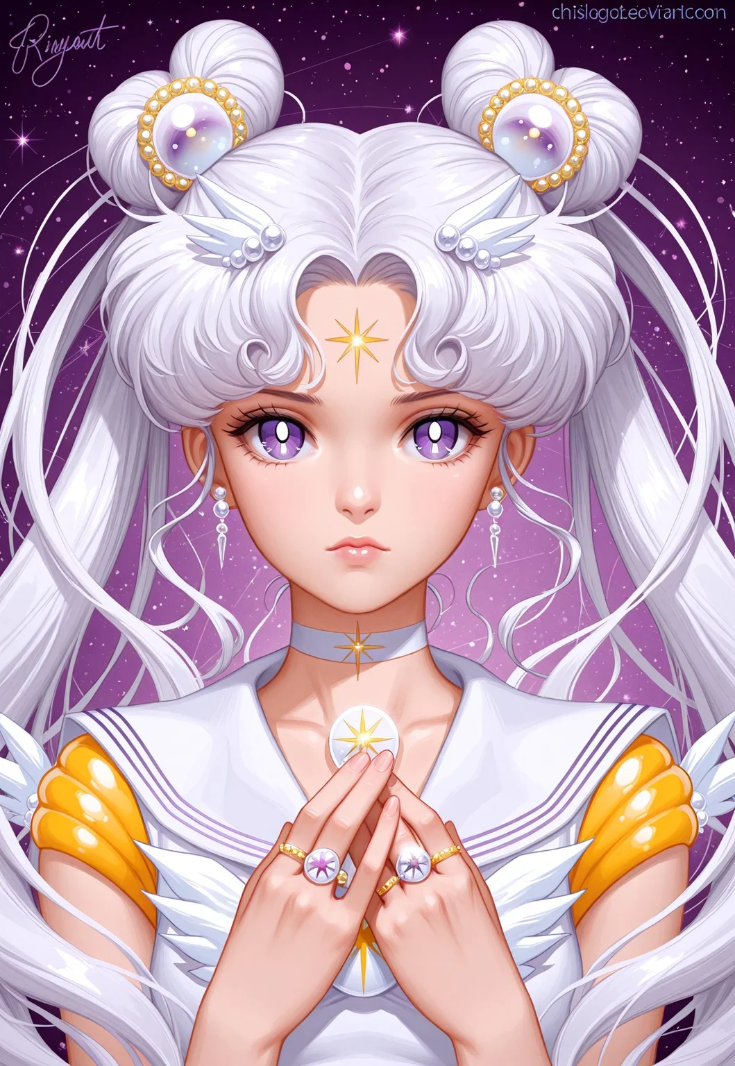 masterpiece, best quality, Sailor Cosmos, 1girl, solo, long hair, looking at viewer, blue eyes, hair ornament, twintails, jewelry, purple eyes, upper body, white hair, earrings, choker, hairclip, signature, sailor collar, hair bun, double bun, watermark, facial mark, magical girl, ring, brooch, web address, white sailor collar, hairpin, forehead mark, white choker, sailor senshi uniform