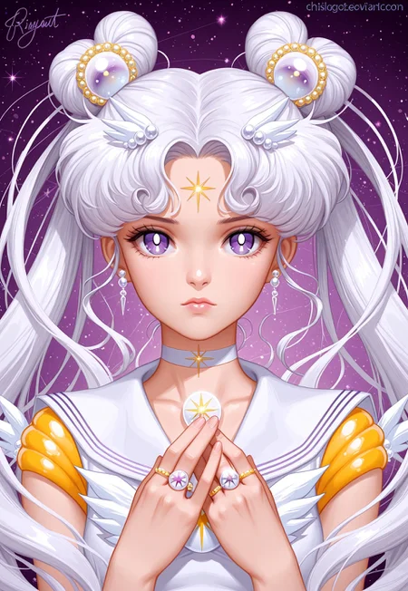 masterpiece, best quality, Sailor Cosmos, 1girl, solo, long hair, looking at viewer, blue eyes, hair ornament, twintails, jewelry, purple eyes, upper body, white hair, earrings, choker, hairclip, signature, sailor collar, hair bun, double bun, watermark, facial mark, magical girl, ring, brooch, web address, white sailor collar, hairpin, forehead mark, white choker, sailor senshi uniform