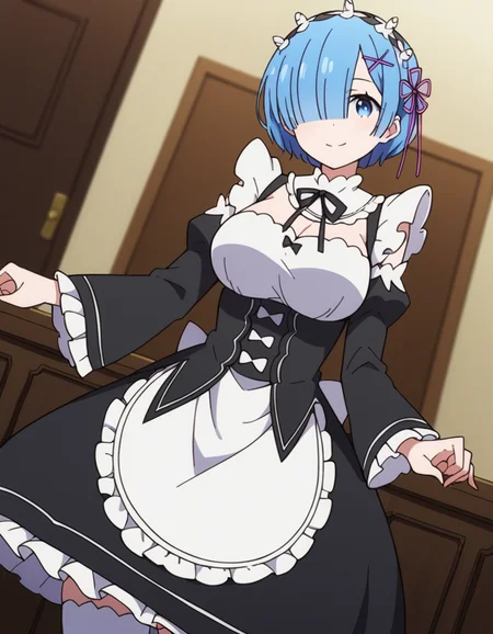 score_9, score_8_up, score_7_up, source_anime, <lora:rezero-rem-s1-ponyxl-lora-nochekaiser:1>, rem, blue eyes, blue hair, hair ornament, hair over one eye, hair ribbon, short hair, x hair ornament, large breasts,, apron, black bow, black dress, black ribbon, bow, detached sleeves, dress, frilled apron, frilled sleeves, frills, juliet sleeves, long sleeves, maid, neck ribbon, puffy sleeves, ribbon, roswaal mansion maid uniform, thighhighs, two-tone dress, waist apron, white bow, white dress, white thighhighs,, indoors, smile, looking at viewer, solo,, cowboy shot, dutch angle