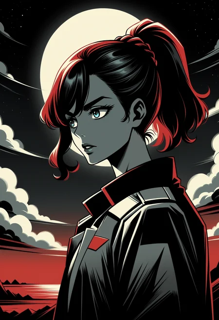 score_9, score_8_up,score_7_up, <lora:lnrnr_pdxl_EliPot_r1:1>, high contrast, shadow, red theme, limited palette, full moon, western comics \(style\),
,gundam_suisei_no_majo,solo,star_\(sky\),suletta_mercury,sky,red_hair,highres,outdoors,parted_lips,arms_at_sides,blue_eyes,thick_eyebrows,cocopeace,white_jacket,long_sleeves,jacket,night,looking_back,upper_body,ponytail,blue_sky,1girl,long_hair,gundam