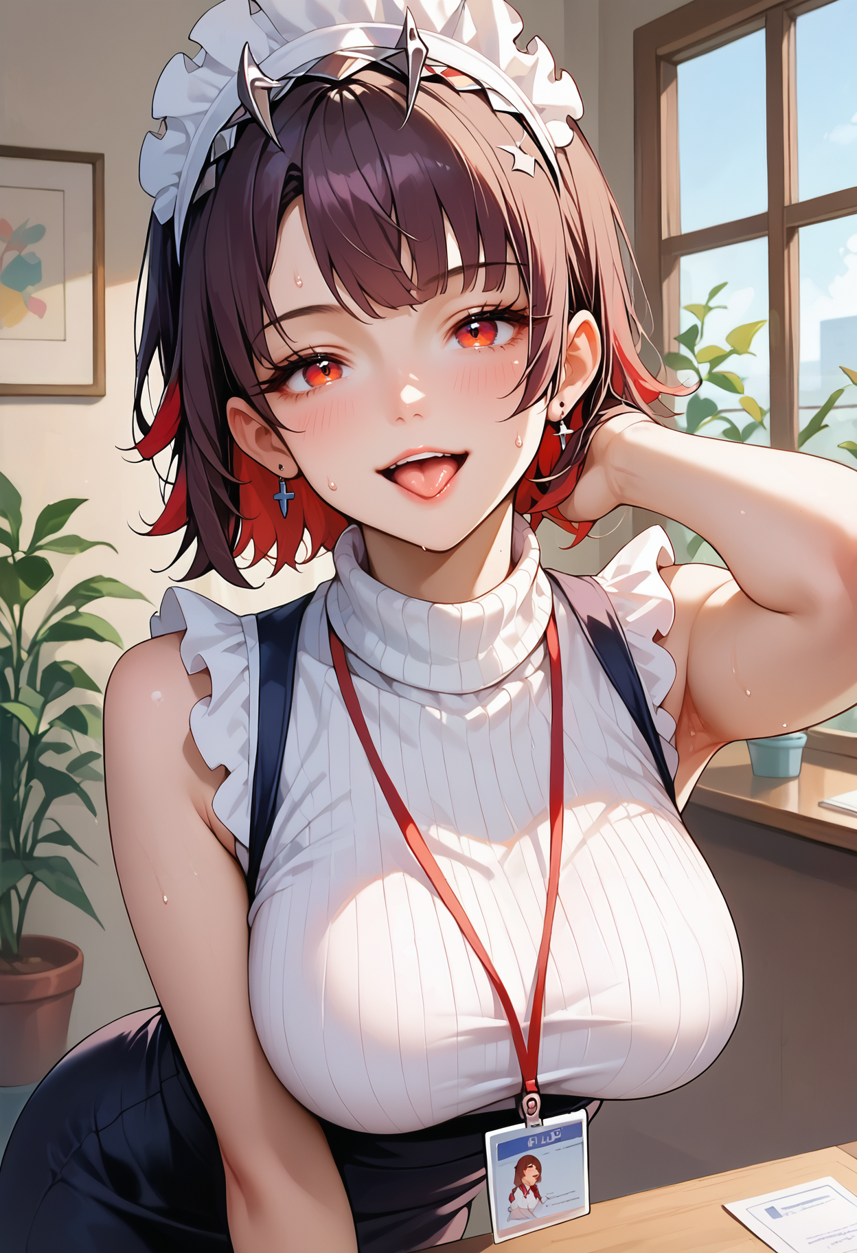 score_9,score_8_up,score_7_up,score_6_up   <lora:ellen_joe_zzz_xl:0.8>ellen-joe-zzz, maid headdress, short hair,multicolored hair, red eyes,large breasts,1girl, :d, armpits, blush, breasts,  brown skirt, earrings, flying sweatdrops, high-waist skirt, id card, indoors, jewelry, lanyard, large breasts, leaning forward, long hair, looking at viewer, office lady, open mouth, pencil skirt, plant, potted plant, raised eyebrows, ribbed shirt, shirt, shirt tucked in, skirt, sleeveless, sleeveless shirt, smile, solo, sweat, tongue, tucking hair, turtleneck, turtleneck shirt, white shirt, window