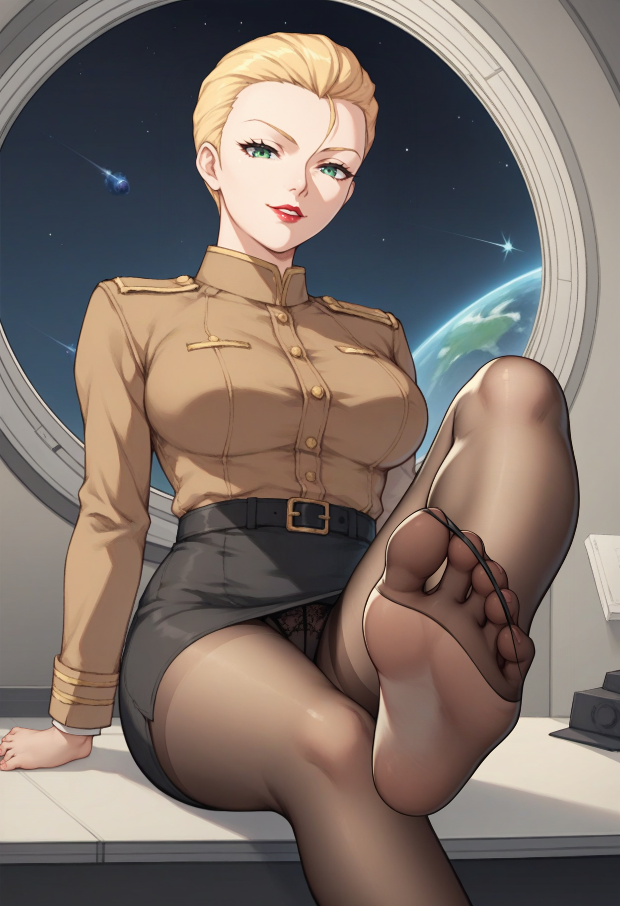 score_9, score_8_up, score_7_up, score_6_up, score_5_up, score_4_up, source_anime, <lora:MSGSF91LydiaDorfman1_5:0.8>, MSGSF91LydiaDorfman, blonde hair, green eyes, lipstick, short hair, forehead, hair slicked back, hair between eyes, large breasts,
brown collared shirt, military uniform, black skirt, pencil skirt, black belt, black lingerie, underwear,
looking at viewer, seductive smile, black pantyhose, foot focus, 
BREAK space, galaxy, indoors, window,