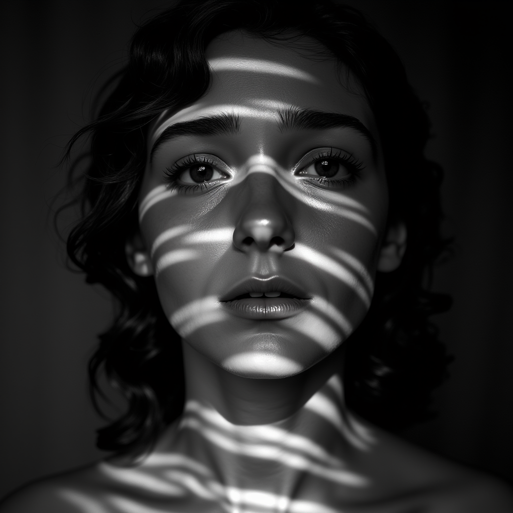 <lora:casting shadows style v1:1>
cucoloris,  light modifier, casting shadows, A cucoloris patterned illumination casting a tree branch shadow on a teary young vintage woman with a veil on her head, 1girl, solo, looking at viewer, closed mouth, monochrome, greyscale, tears, lips, crying, portrait, veil, crying with eyes open, realistic, cinematic, film, filmic, casting shadow, venetian blinds casting shadow light, shadow on face, face partially covered in shadow, different shadow, window casting shadow light, cinematography, detailed, detailed background, detailed face, high quality, 8k, cuculoris, kookaloris, cookaloris or cucalorus, light modifier, different light pattern, creative light, unique shadow, casting shadow style, 1boy, jewelry, male focus, closeup