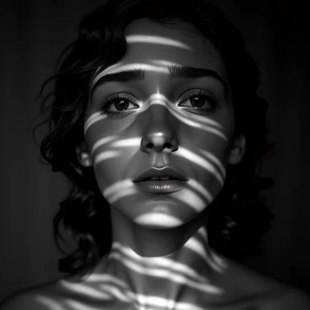 <lora:casting shadows style v1:1>
cucoloris, light modifier, casting shadows, A cucoloris patterned illumination casting a tree branch shadow on a teary young vintage woman with a veil on her head, 1girl, solo, looking at viewer, closed mouth, monochrome, greyscale, tears, lips, crying, portrait, veil, crying with eyes open, realistic, cinematic, film, filmic, casting shadow, venetian blinds casting shadow light, shadow on face, face partially covered in shadow, different shadow, window casting shadow light, cinematography, detailed, detailed background, detailed face, high quality, 8k, cuculoris, kookaloris, cookaloris or cucalorus, light modifier, different light pattern, creative light, unique shadow, casting shadow style, 1boy, jewelry, male focus, closeup