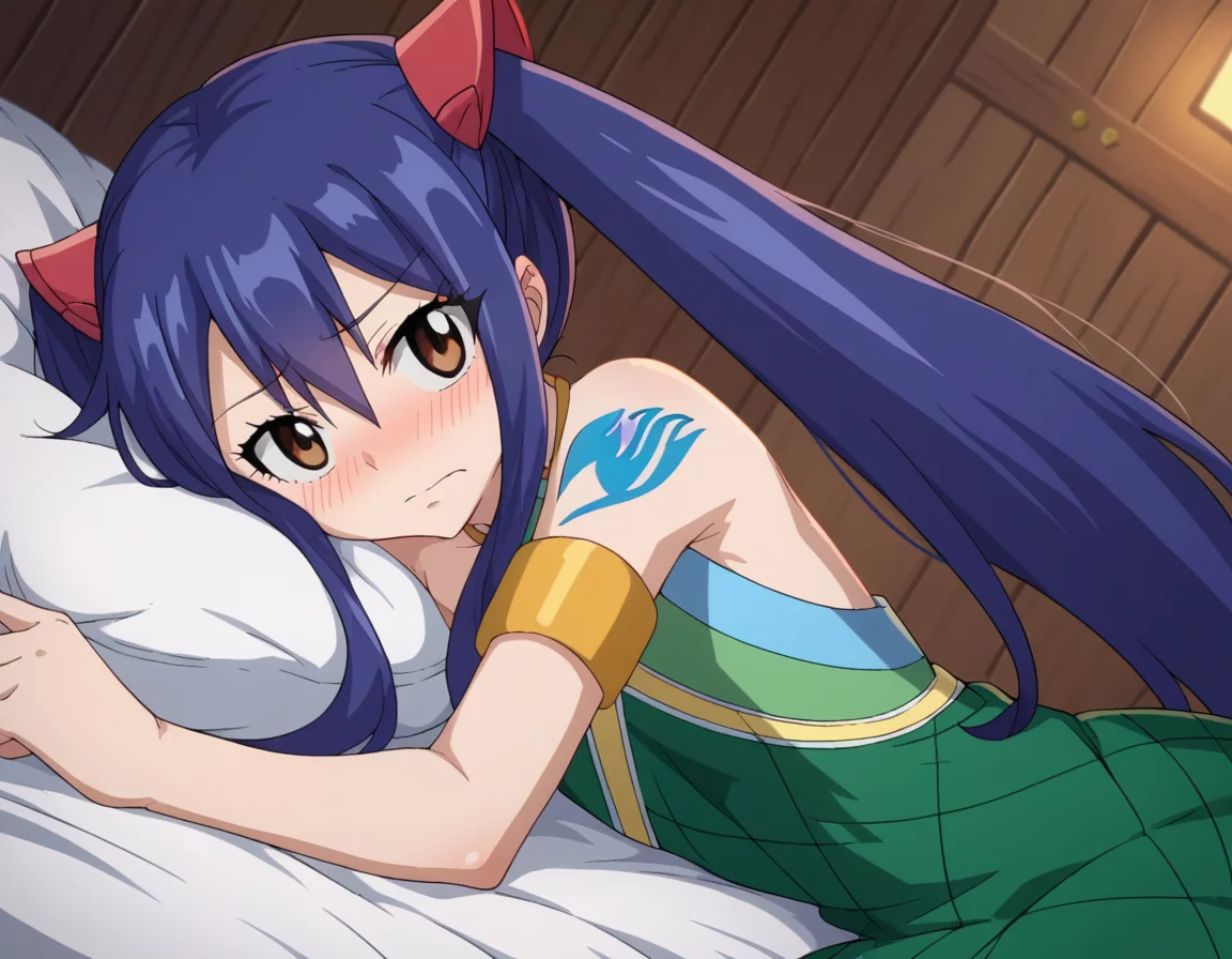 score_9, score_8_up, score_7_up, source_anime,
wendymarvell, <lora:wendy-marvell-s7-ponyxl-lora-nochekaiser:1>
wendy marvell, long hair, hair ornament, twintails, brown eyes, blue hair,
bare shoulders, tattoo, armlet, dress, green dress,
indoors, bed, bed room, on side, blush, drunk,
looking at viewer, dutch angle, cowboy shot